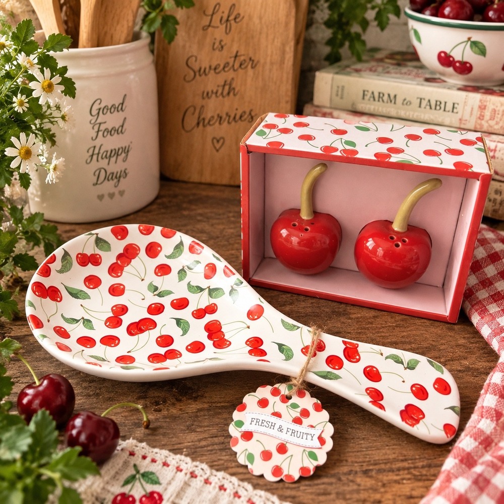 NEW Cherry Kitchen Decor Set Spoon Rest Salt Pepper Shakers Fruit Kitchen Decor